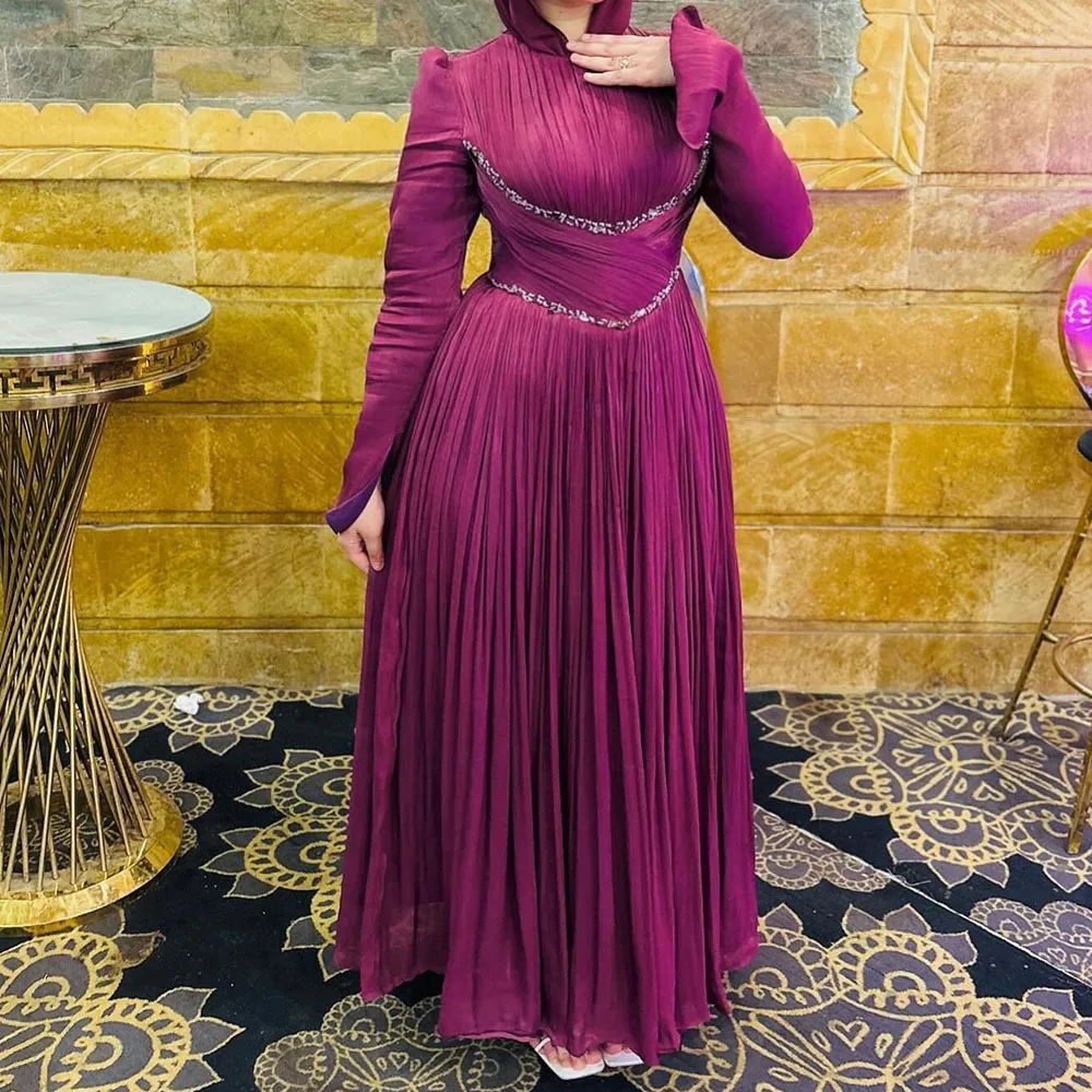 

Customized A-line Evening Dresses Ankle-length O-neck Full Sleeve Prom Gown Fashion Sequined Pleat Simple Draped Party Gown