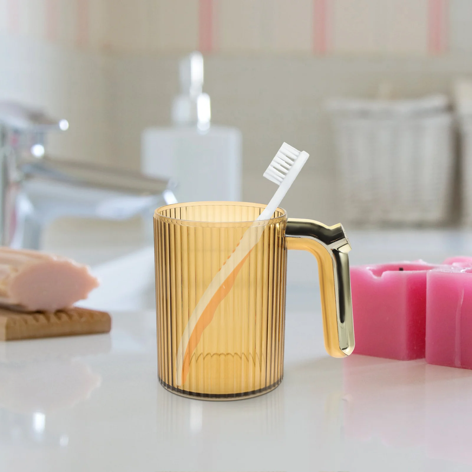 

Gold-Handle Mouthwash Cup Modern Bathroom Tumbler For Home Office Travel Multi-Color Toothbrush Storage Mug Reusable Plastic