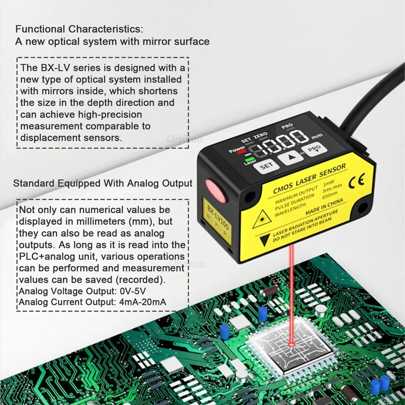 BX-LV30N/R Laser Displacement Ranging Sensor Switch Analog Height And Thickness Measurement Tool