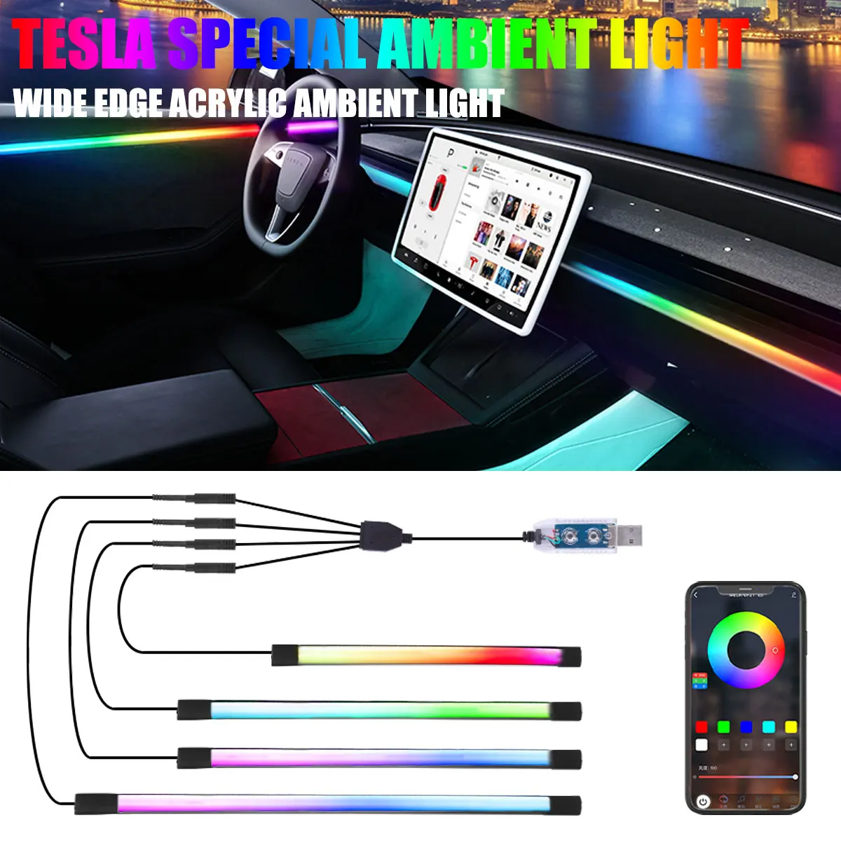 6 in1 Car Ambient Light Center Console Dashboard Neon Tubes For Tesla Model 3/Y Symphony RGB Interior Lights with App Controller