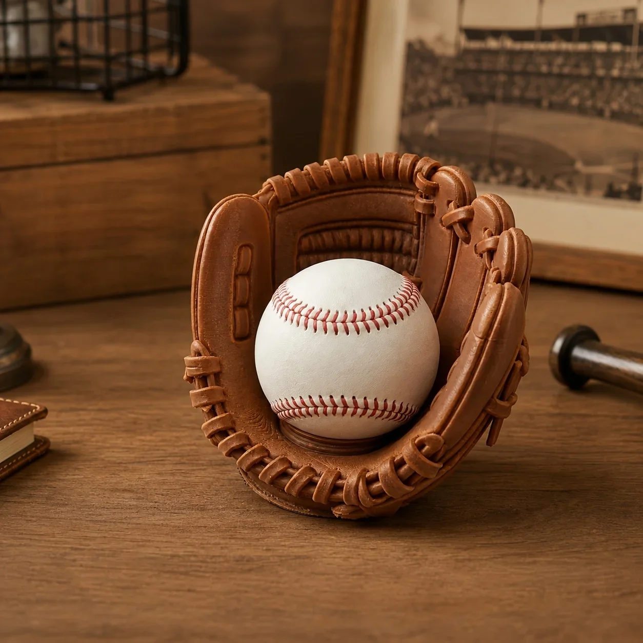 Vintage Baseball Glove Shaped Desktop Storage Holder 3D Printed Ornaments Sport Theme Table Decor Collectible Baseball Fans Gift