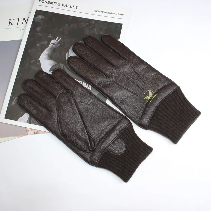 Men\'s Deerskin Gloves High Quality Genuine Leather Fleece Knit Lining Warm Striped Aviation Pilot Driving Gloves Autumn Winter