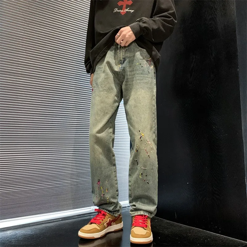 

Men Wide Leg Jeans Loose Straight Baggy Denim Pant Men's Streetwear Skateboard Pants Oversized Hip Hop Casual Trousers D153