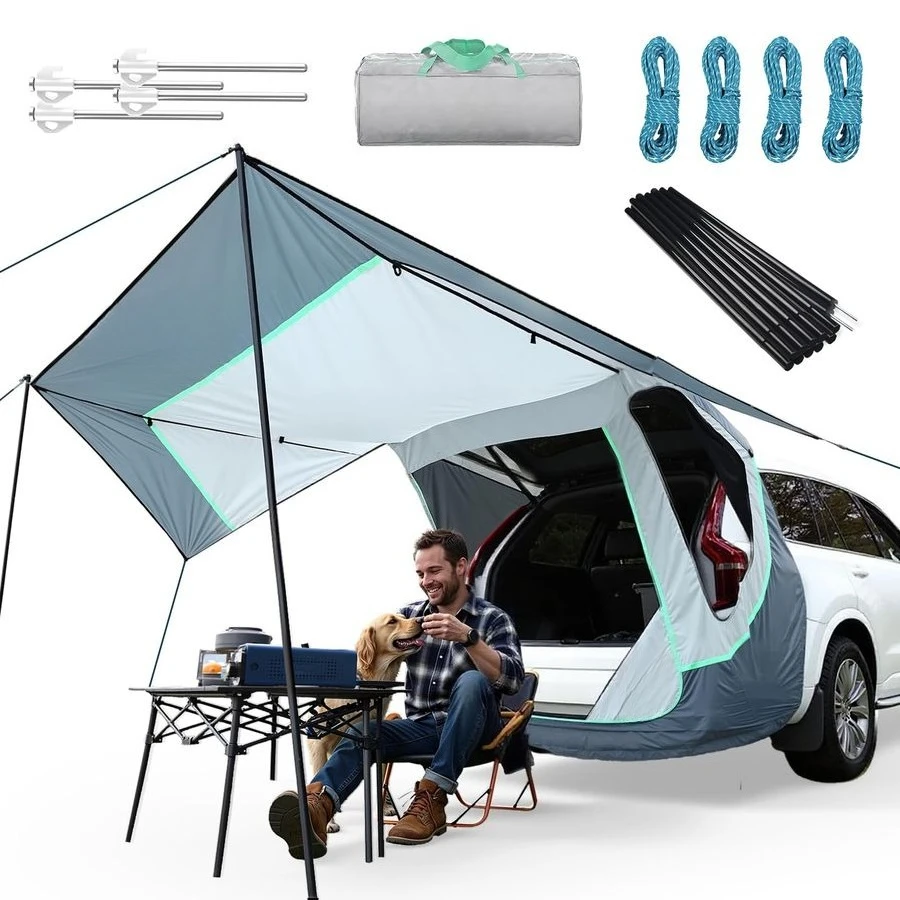

Палатка-тент для багажника с опорами, трехсторонним навесом и прозрачной москитной сеткой, для кемпинга на хэтчбеках, защита от солнца, универсальная.