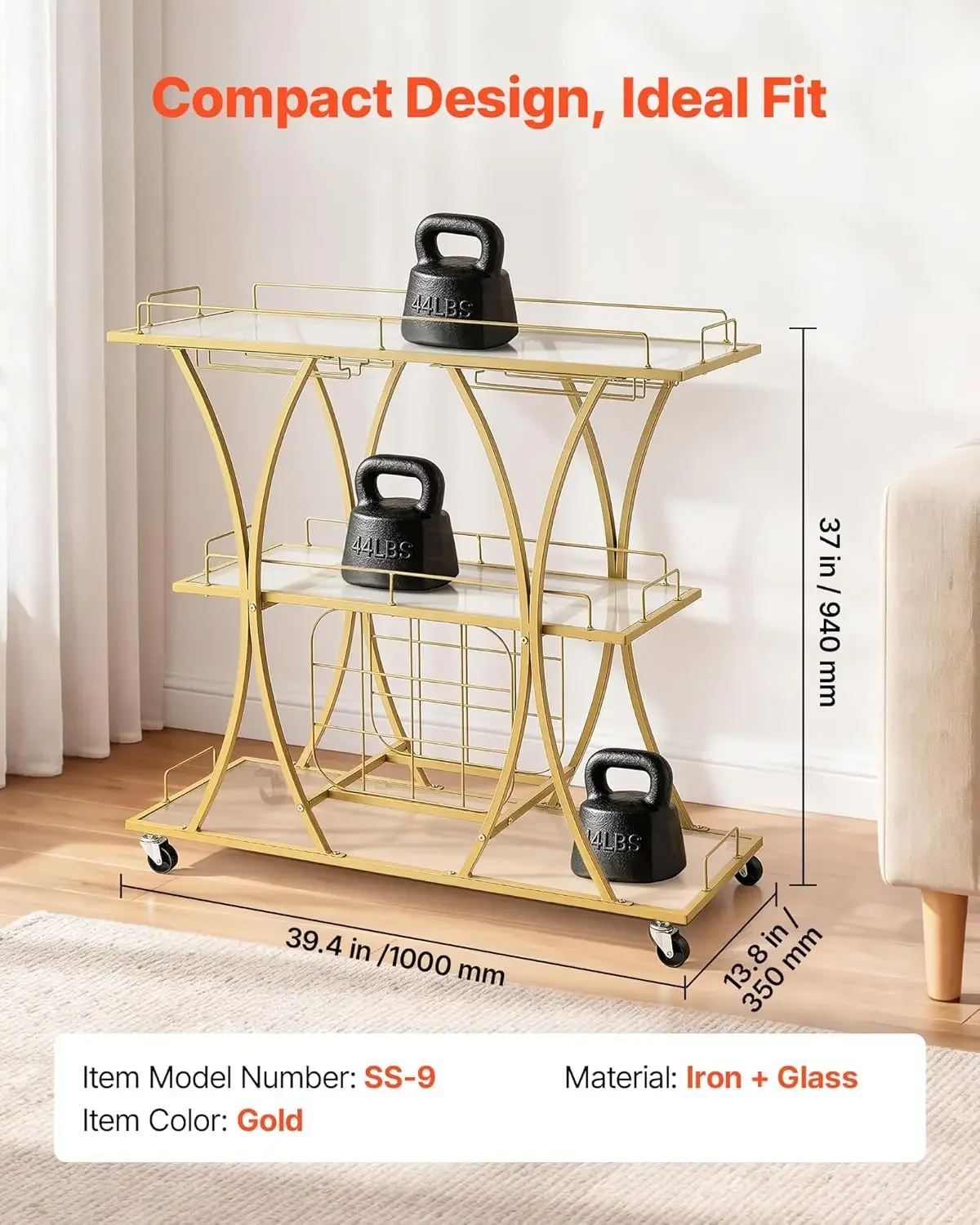 Bar Cart, 3 Tiers Home Kitchen Serving Carts, Modern Rolling Utility Station on Wheels, Drink Beverage Trolley with Tempered Gla