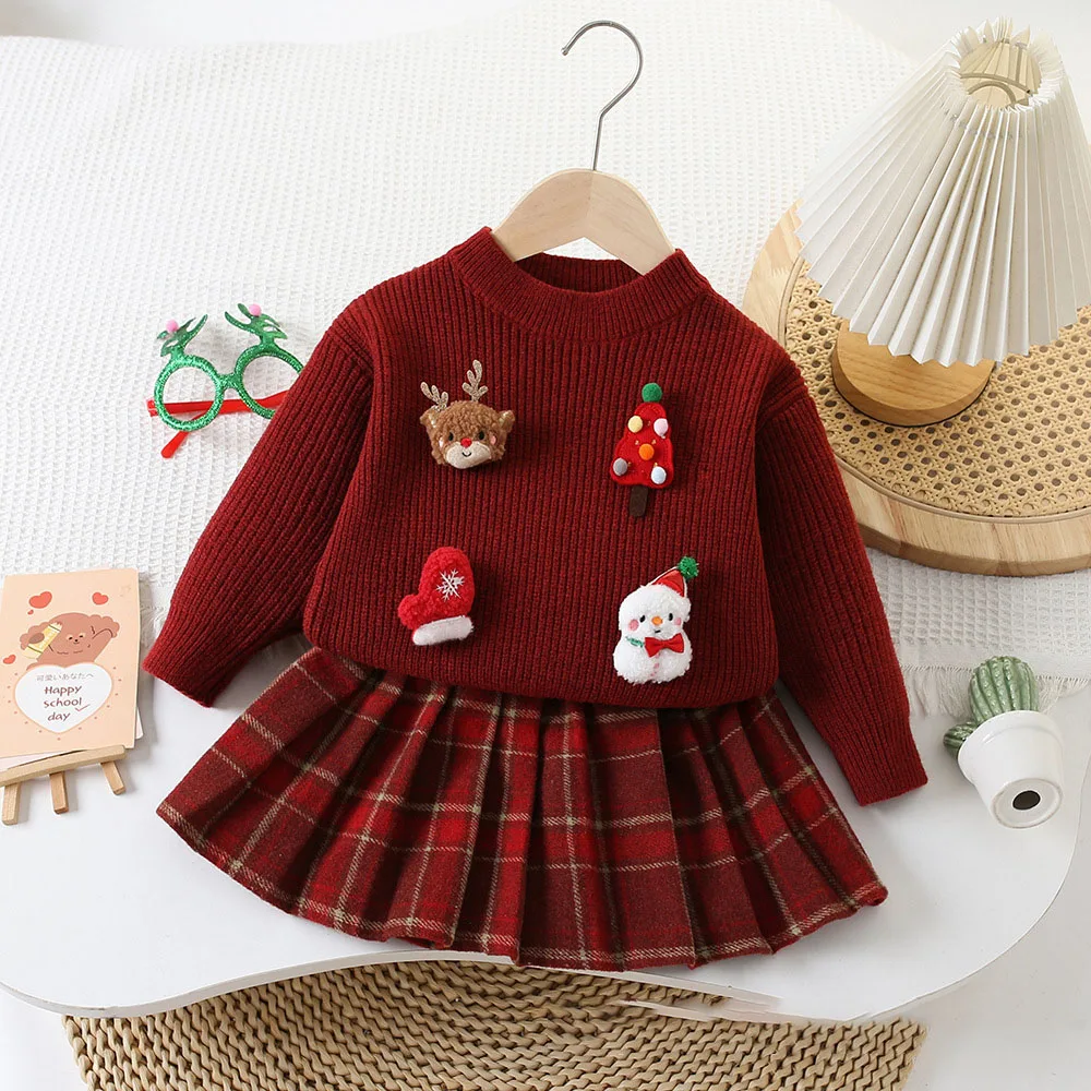 

Cute Kids Christmas Dress Pullover Top Long Sleeve Red Sweater Plaid Mini Skirt Warm Winter Sweater Clothes For Girls New Year