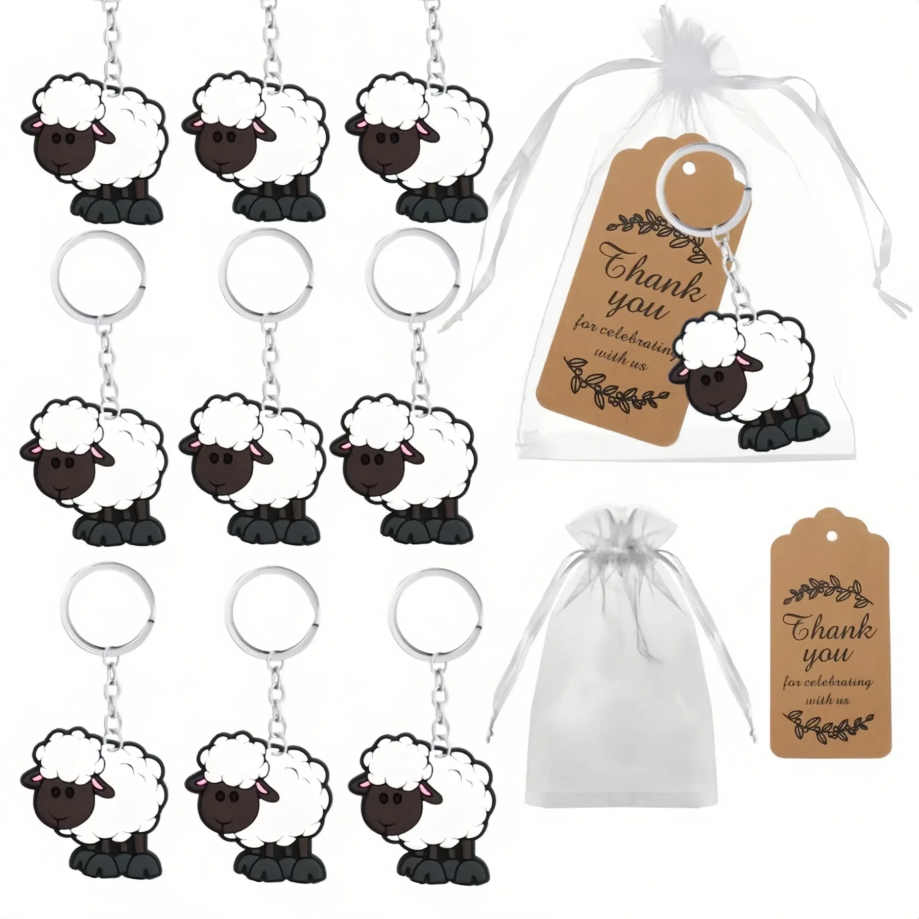

10 Sets Eid al-Adha Party Favors Sheep Keychains with Thank You Tags and Organza Gift Bags, Perfect for Baptism and Jesus Gifts