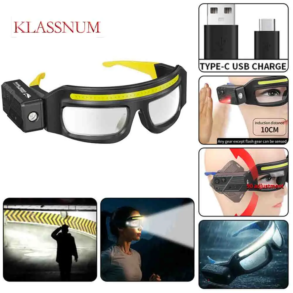 

KLASSNUM мужские светодиодные налобные фонари, очки ночного видения, прозрачные очки, очки с датчиком волны, велосипедный датчик, ночная рыбалка