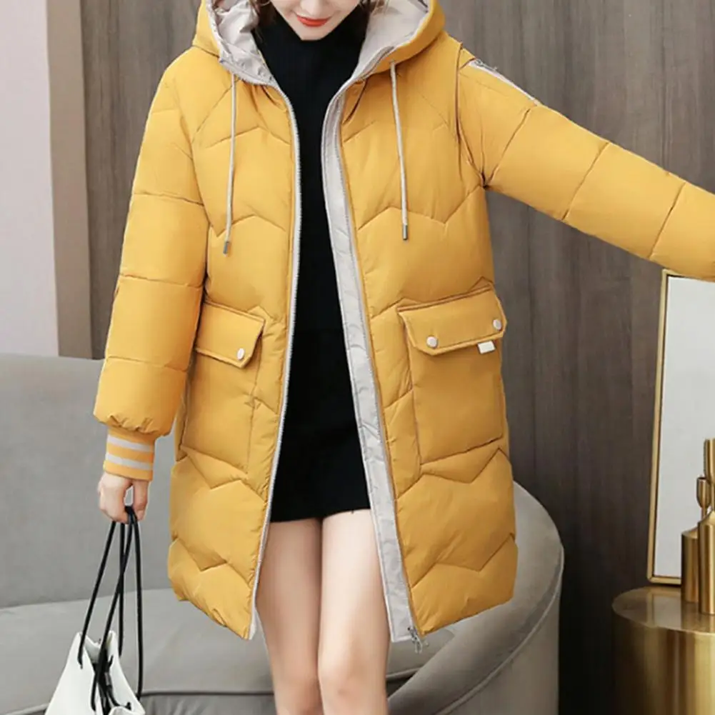 Women's Solid Color Big Pocket Hooded Jackets Casual Medium Long Parka Autumn Winter Lattice Loose Coat