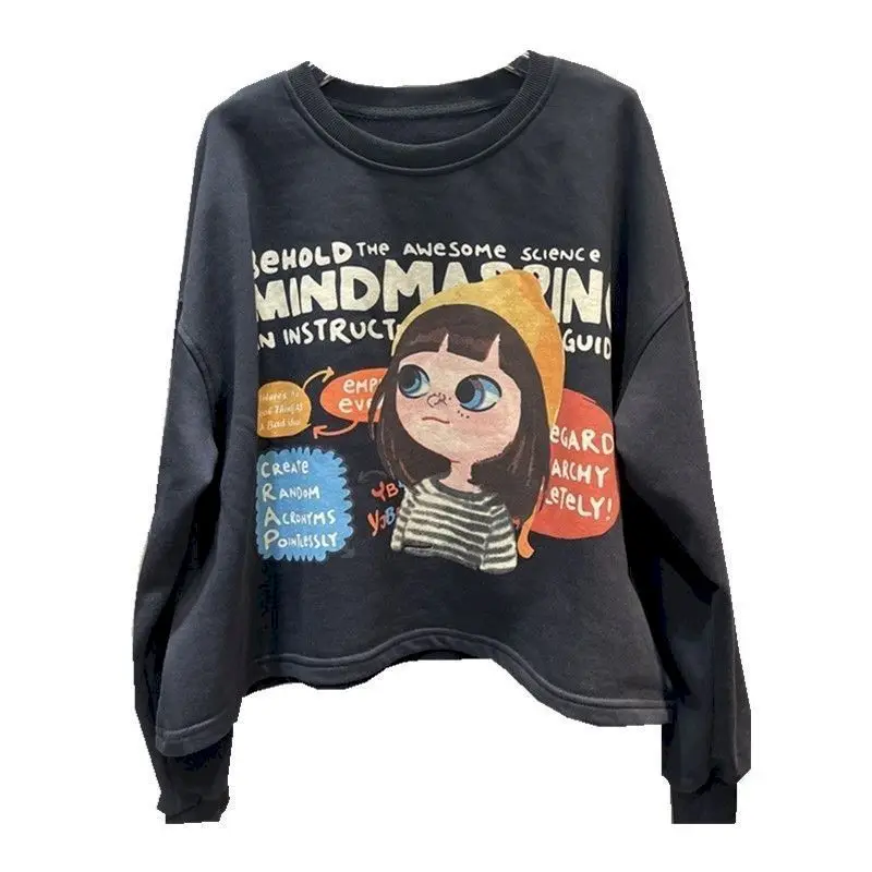 Original Fashion Pullovers Women Letter Cute Cartoon Printed Pullover Casual Loose Long Sleeve O-Neck Tops 2024 Autumn New In