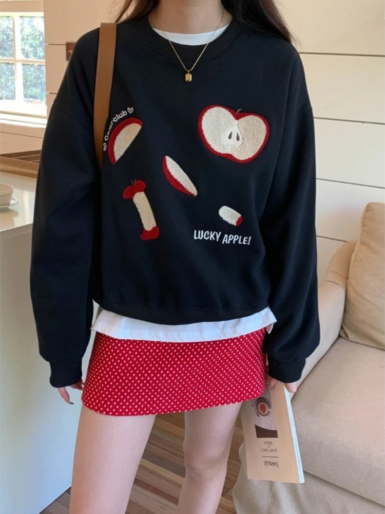 

Korean Style Kawaii Cute Knit Sweater 2025 Women Clothes Apple Flocking Top Loose Vintage Pullover Sweater Casual Y2k Sweatshirt