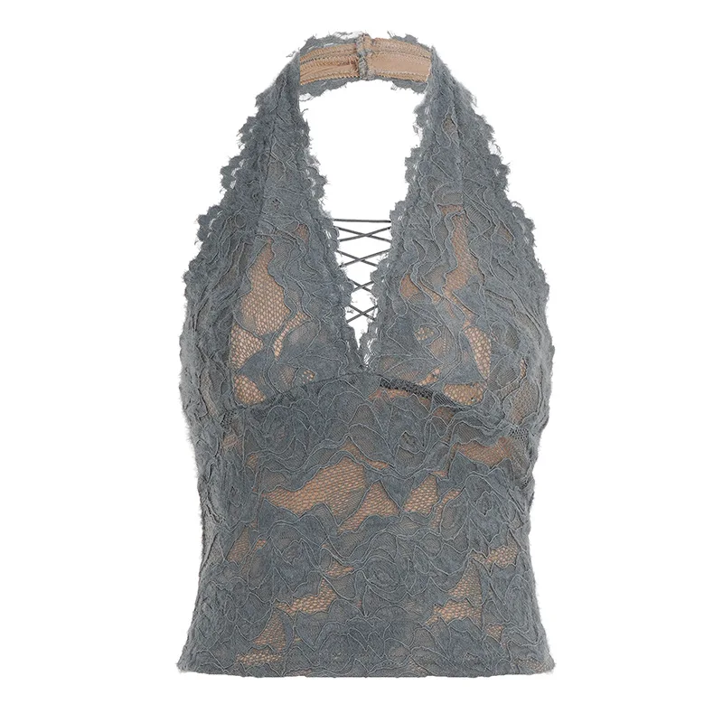2026 ropa sexy para mujer, estilo de chica caliente, camisola de encaje con escote en V profundo, top sin mangas con tirantes huecos en tono gris