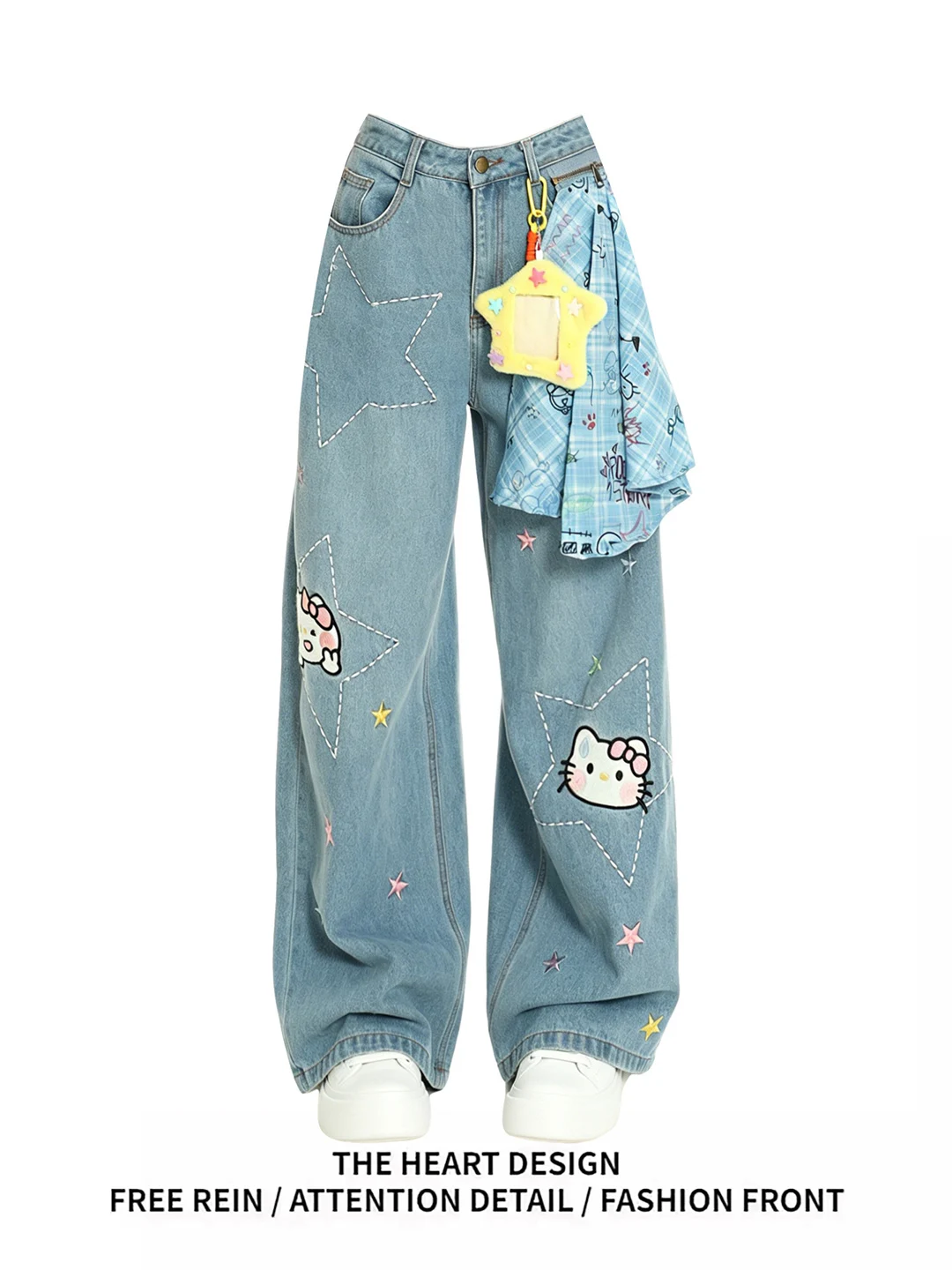 

Retro American Embroidery Plaid Star Women's Jeans Summer Loose Design Long Pants High Waist Wide Leg Soft Denim Casual