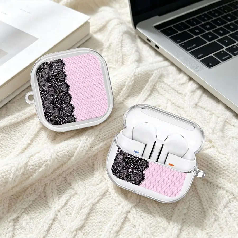 Fringe Lace Flower Clear Earphone Cases Cover With Hook Case For Samsung Galaxy Buds 4 Pro 2 2Pro 3Pro 4Pro Live 3 FE