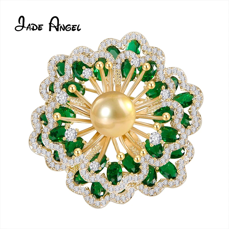 Jade Angel Gold-plated Brass Begonia Flower Brooches for Women Oval Green Cubic Zirconia Banquet Brooch Pins for Clothing