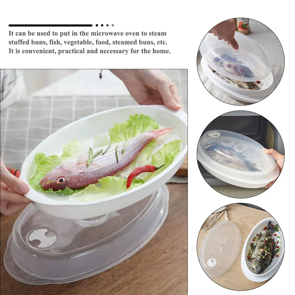 

1Set Fish Steamer Microwave Steamed Fish Plate White Lid Food Steamed Holder Vegetable Dumplings Kitchen Microwave Oven Steamer