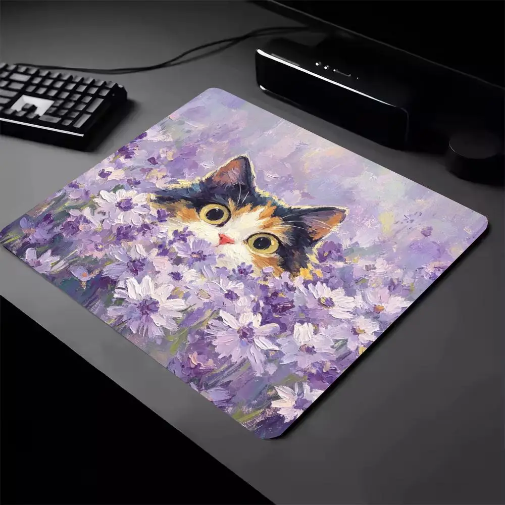 Purple Flower Cute Cat Mouse Pad 40X45 Square Computer Office Game Table Mats Rubber Anti-slip Mousepads Small Decor Desk Pads