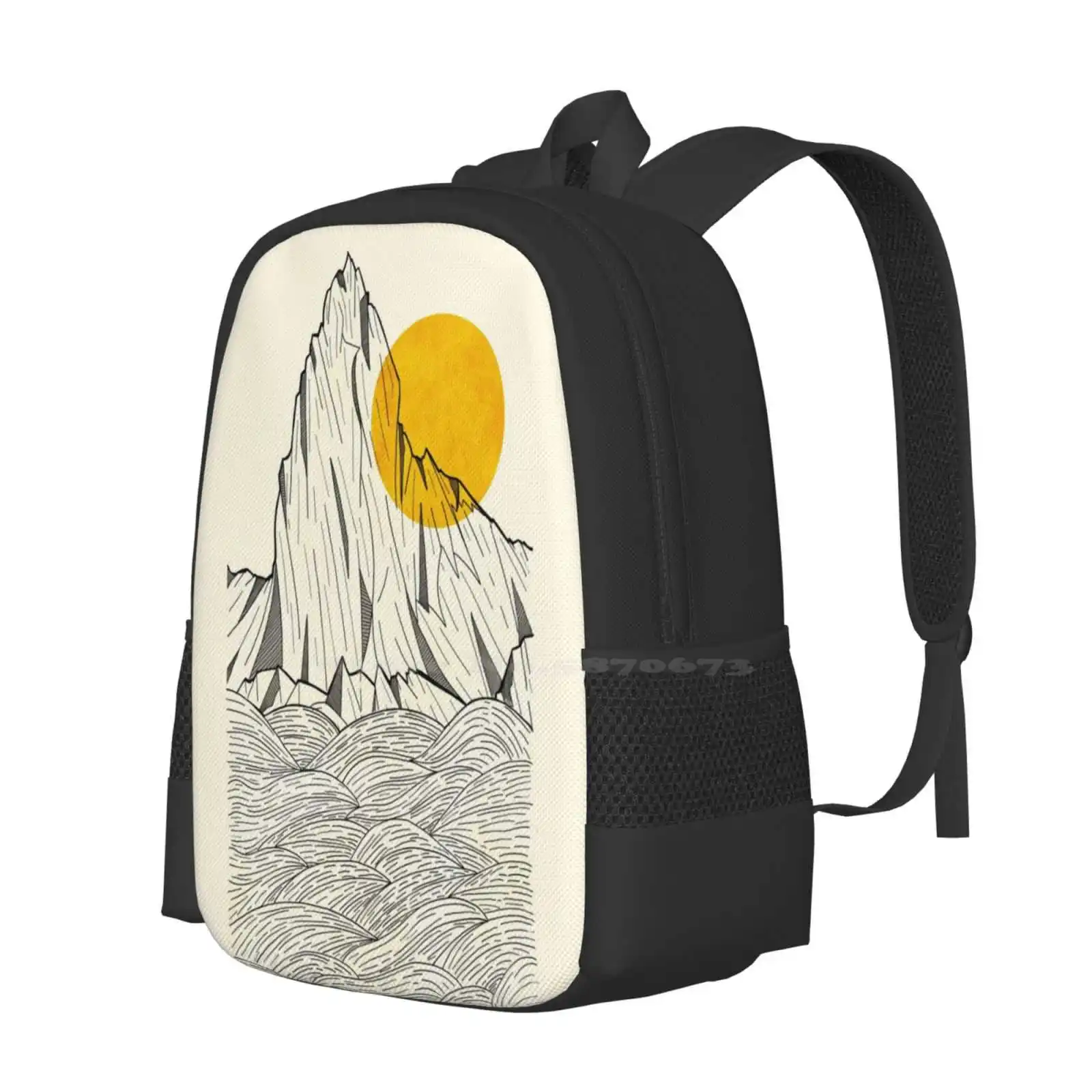 Sun Cliffs Backpack For Student School Laptop Travel Bag Cliffs Mountains Beach Waves Water Pen Ink Simple Yellow Sun Spring