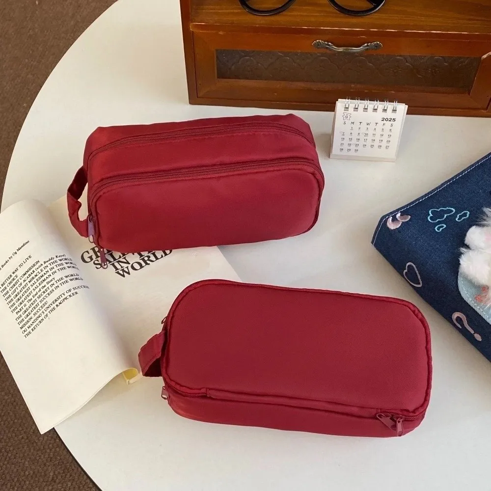 

Black Korean Stationery Bag Wine Red Desktop Storage Multilayer Pencil Case Ins Style Large Capacity Solid Color Pencil Pouch