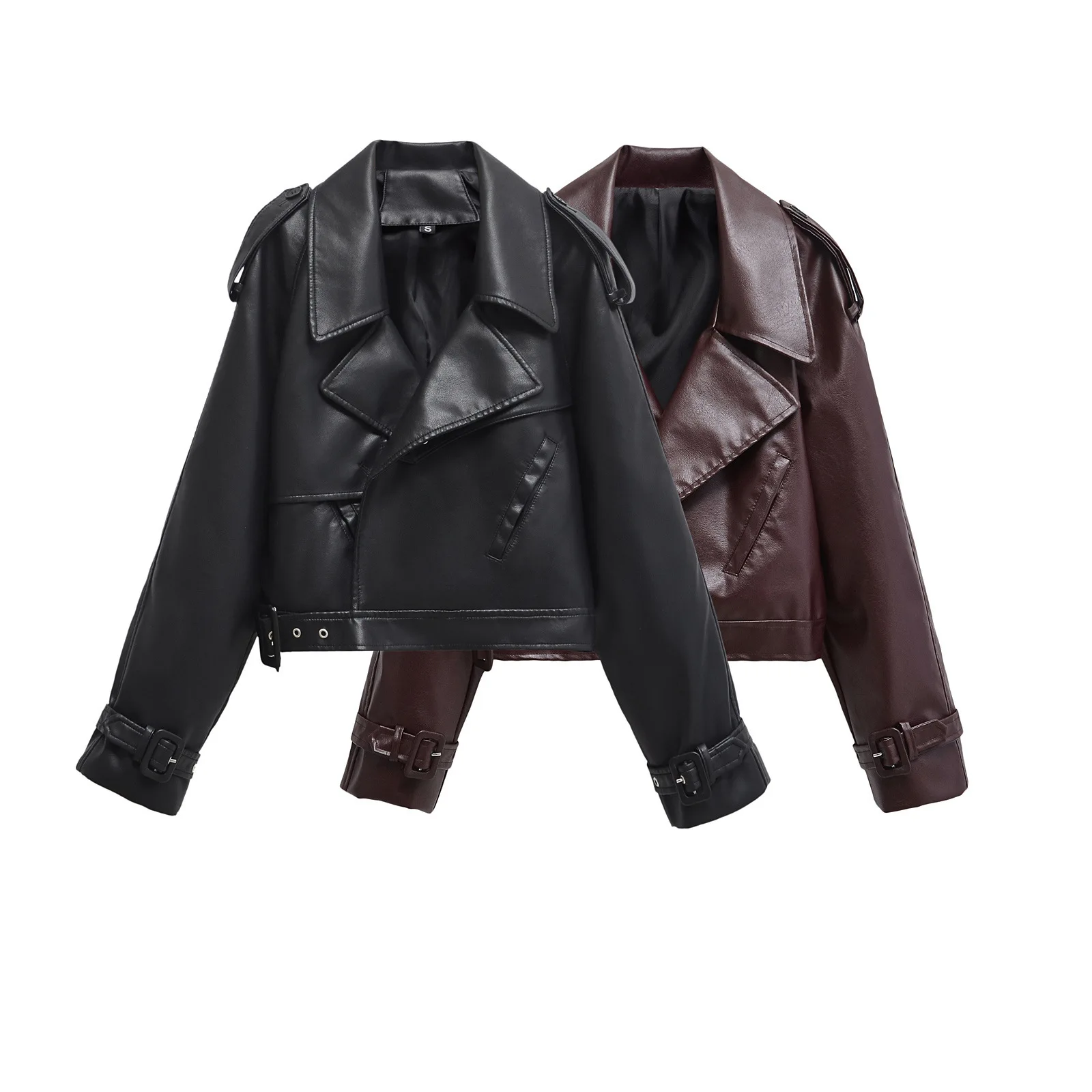Vintage Lapel Leather Biker Jacket Women Bomber Jacket Short Coat Streetwear Zip Long Sleeve Windproof Outerwear Black Wine Red