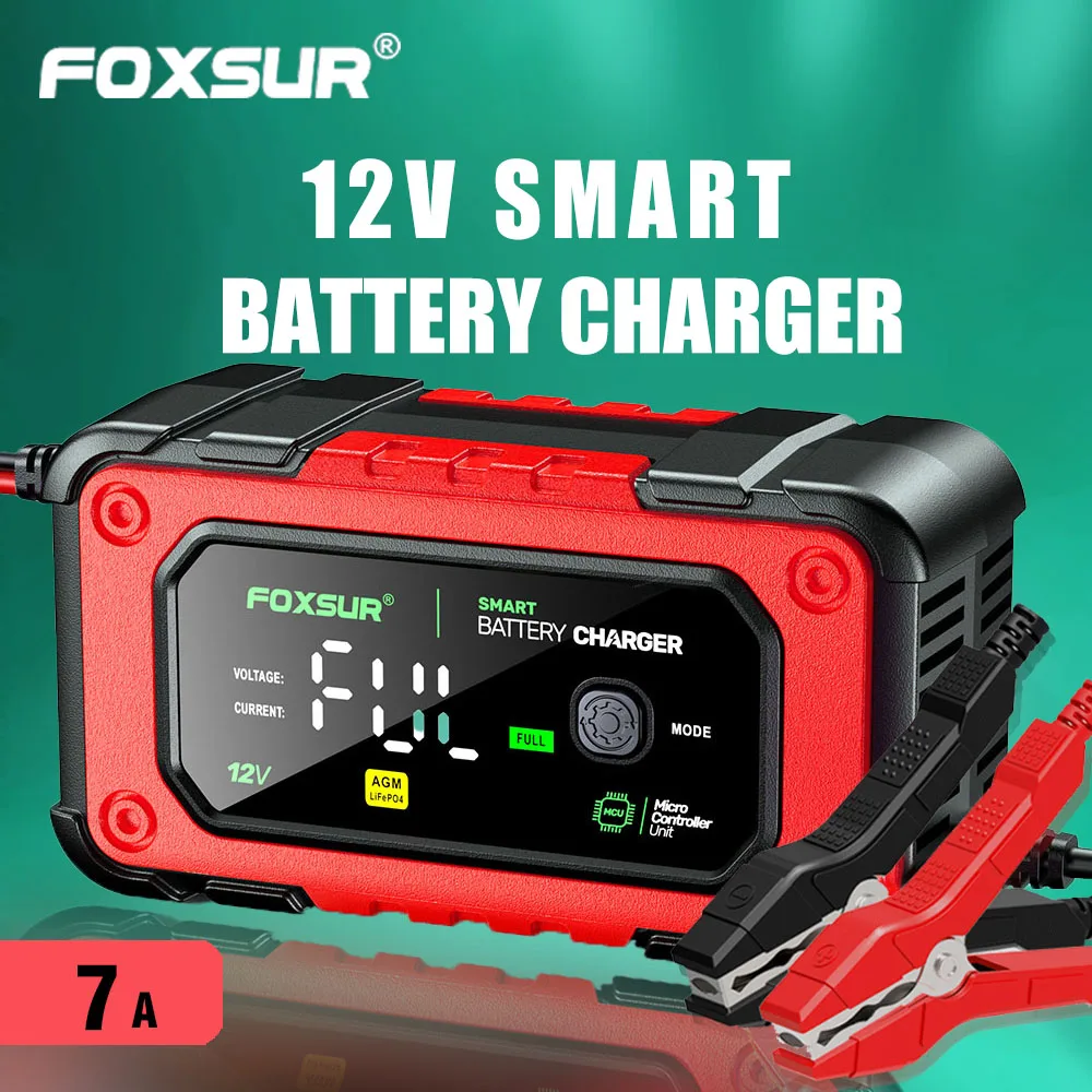 

FOXSUR 12V 7A Car Battery Charger Pulse Repair Fast Charge For Car Motorcycle Lead-acid Charger with Big Color Display