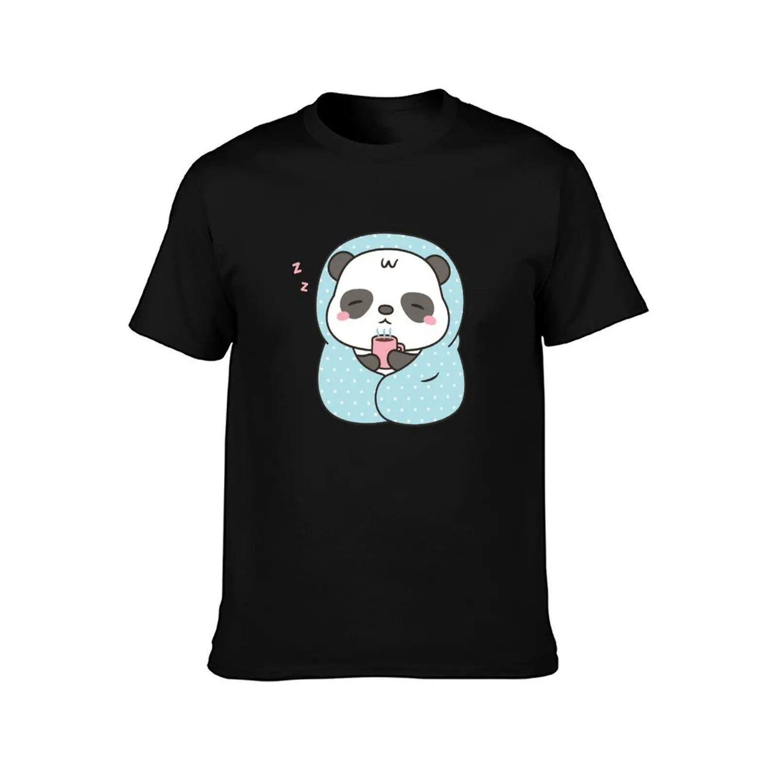 Cute Sleepy Little Panda With Coffee and Blanket T-Shirt Summer Holiday T-Shirt