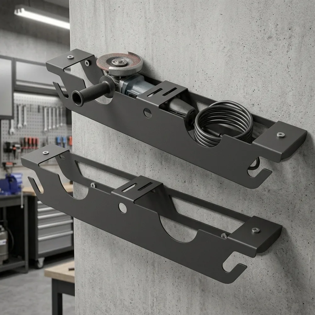 Black Wall Mount Tool Organizer for Angle Grinders - Cold Rolled Steel Bracket 40x6.5x6.8cm with Multi Slot Design