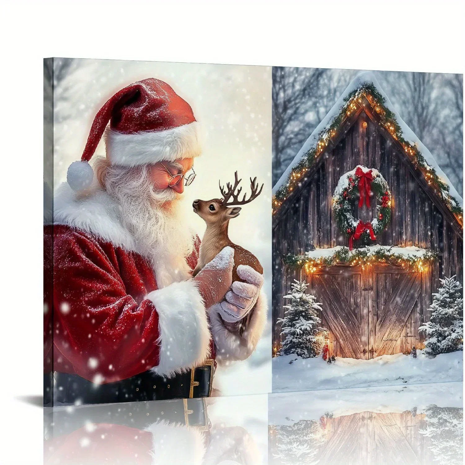 1 Unique Wood Framed Canvas Poster with Vintage Santa and Reindeer Motifs Winter Wonderland Wall Decor Country Style Frame