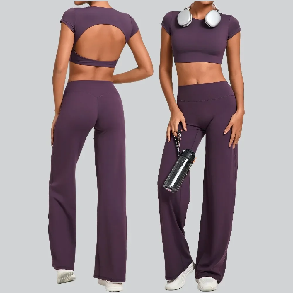 Tight-Fitting Backless Yoga Quick-Drying Straight-Leg Pants Sports Fitness Running Two-Piece Set for Women Gym Workout Yoga Suit - Image 3
