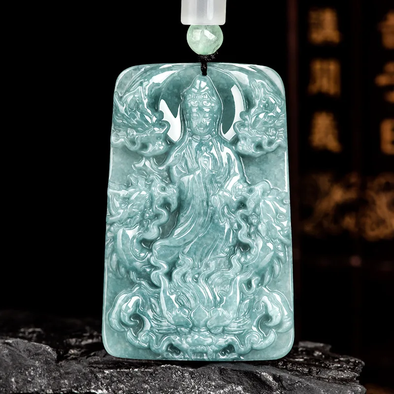 Jiale/ Natural Burmese Blue Water Jade Shenlong Guanyin Necklace Pendant Fine Jewelry Fashion Accessories Men Women Couple Gifts