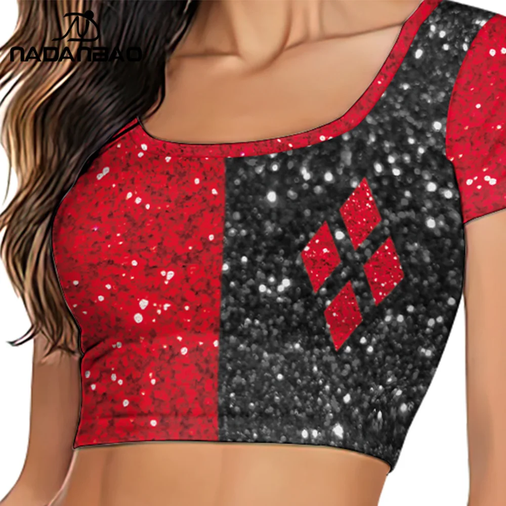 Nadanbao 3D Clown Print Crop Top for Women Casual Red Black Short Sleeved Shirt Summer Soft Elastic Vest Lady Sexy Sport Tops