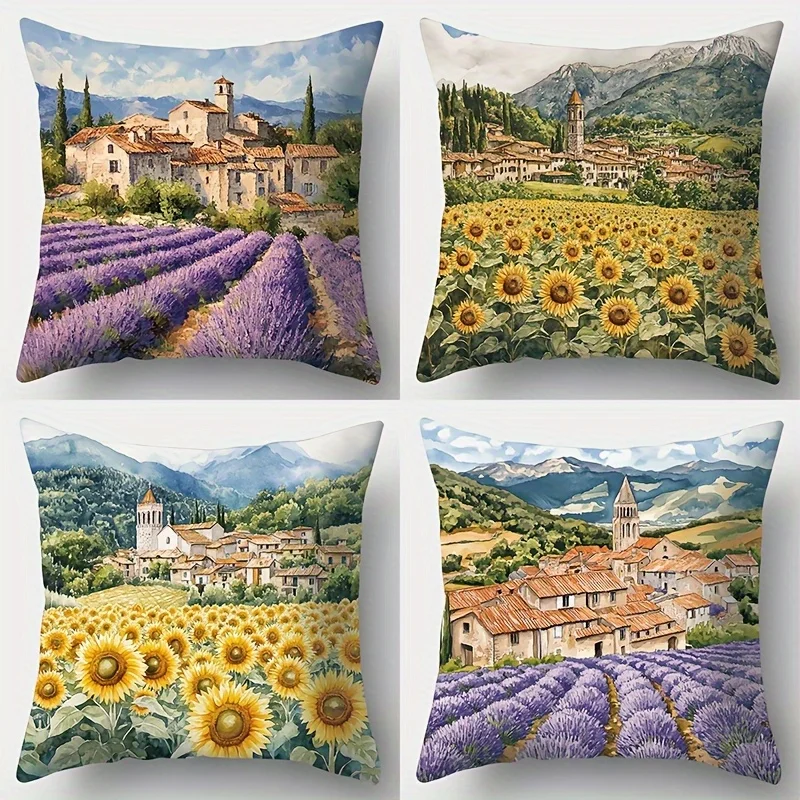 

4 шт. наволочки с цифровым принтом «Лаванда и подсолнухи», короткий плюш, подходят для гостиных, спален, диванов, декоративные наволочки для подушек.