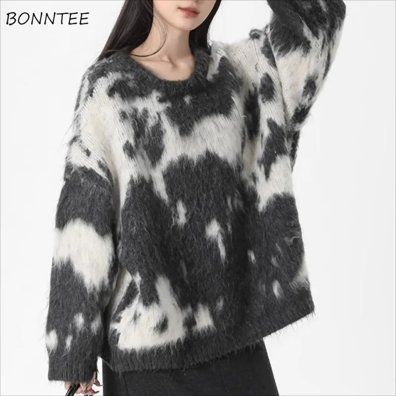 

Pullovers Women Vintage Tie Dye Cozy High Street Shopping Ins Long Sleeve Simple Autumn Winter Leisure College Girls Cool Tops