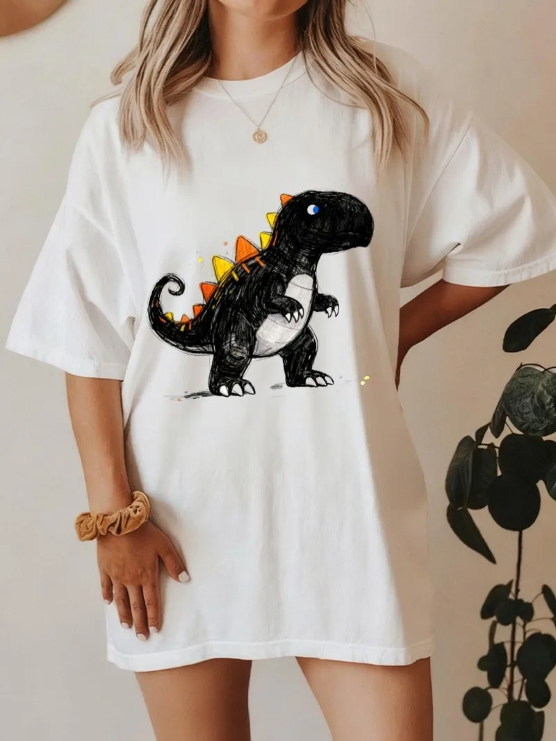 

Женская футболка из свободного хлопка с принтом динозавра в парном стиле, милый мультяшный узор Тираннозавра Рекса, подходит для весенней и летней одежды