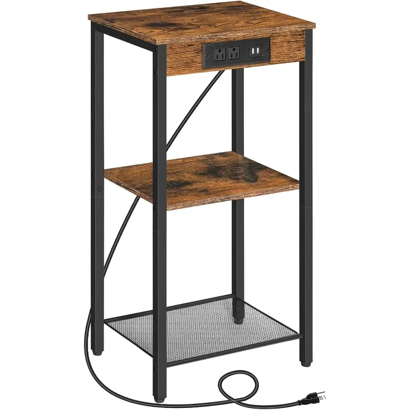 Tall End Table with Charging Station, 29.7 Inch Small Tall Side Table, 3-Tier Telephone Table, Small Entryway Table, High