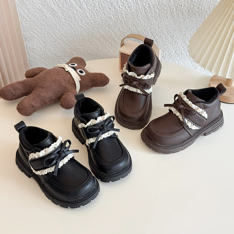 

2025 Children Anti-slippery Leather Shoes for Girls Spring New Fashion Style Lace Princess Shoes Soft Sole Versatile Chic