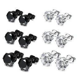 2pcs Hot Minimalist Crystal Cubic Zirconia Stud Earrings for Women/Men 6 Claws Design Fashion Earring Silver Black Color Jewelry