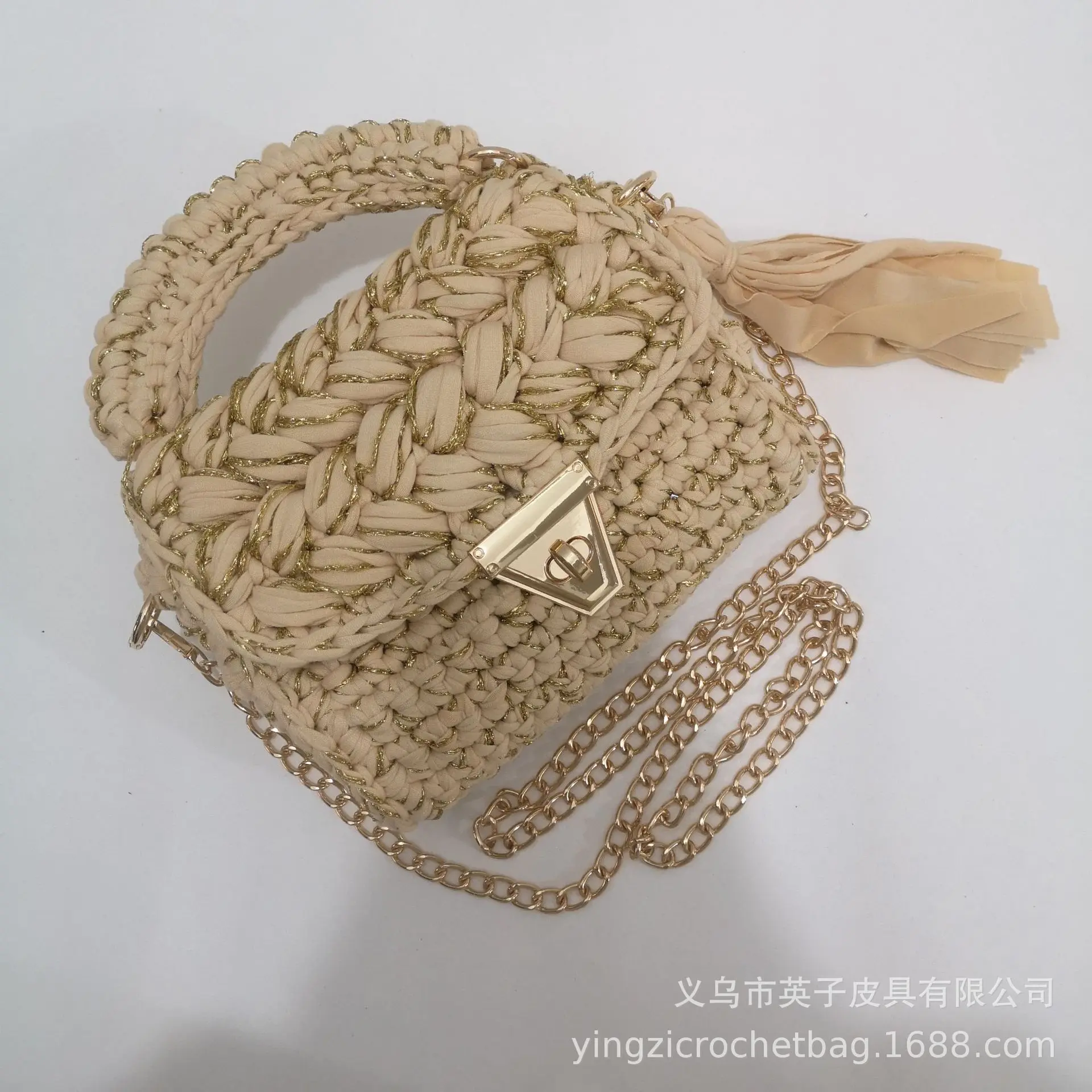 2024 New Cloth and Gold Crochet Handbag Women\'s Crossbody Tassel Small Square