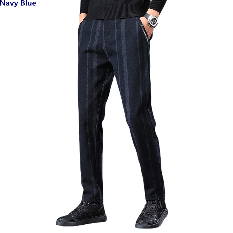 2023 Spring and Autumn New Grey Vertical Stripe Suit Trousers Men\'s Business Casual Men Pants Blue Black Pantalon