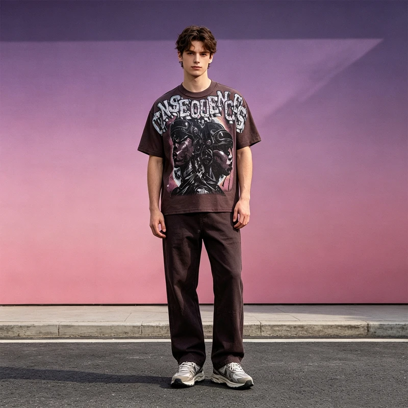 Herren T-Shirt mit Grafik-Print, Lustiges Strass-Oberteil, Übergroßes Y2K Streetwear Cyberpunk Waschbaumwoll-T-Shirt, Retro Skate Street Outfit für den Sommer – Detail 2