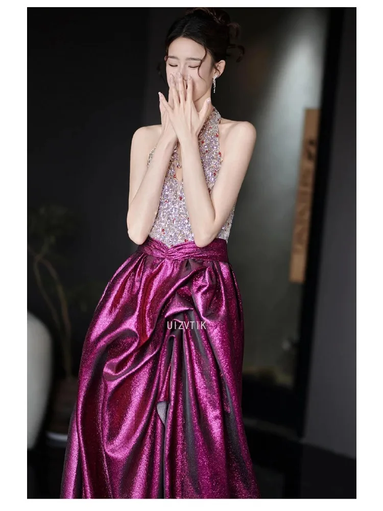 Lichte luxe beroemdheidsfeestjurken Kralen Halter Ruglooze pailletten Vloerlengte Zijde Satijn Vrouw High-end bruiloftsgalajurken