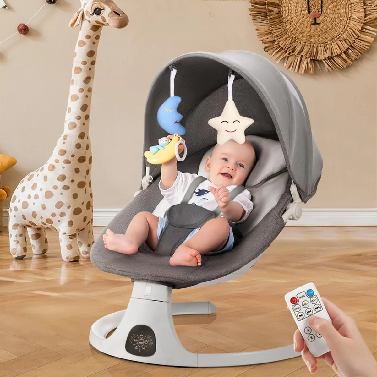 3 in 1 Electric Baby Bouncer & Rocker with Bluetooth Music Sun Shade Mosquito Net Detachable Dining Plate Toy Rack 5 Speed Level