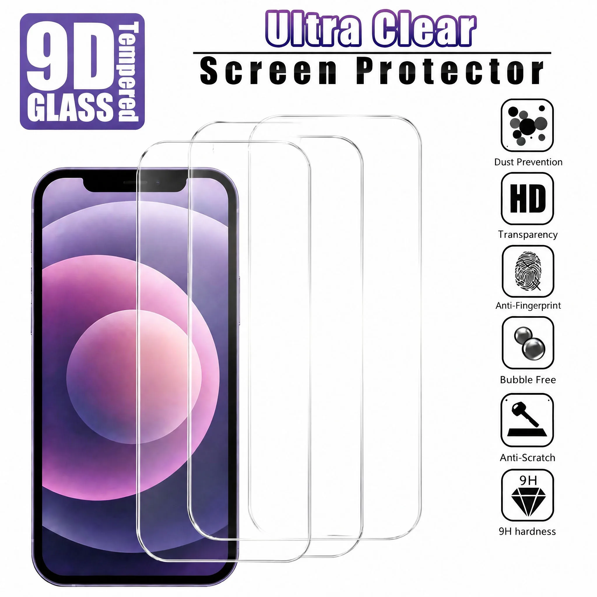 1 Peça Película Protetora de Tela de Vidro Temperado para iPhone 15 14 13 12 11 16 17 Pro Max X XS Max XR 8 7 Plus 16e 17Air 14 15 16 Plus
