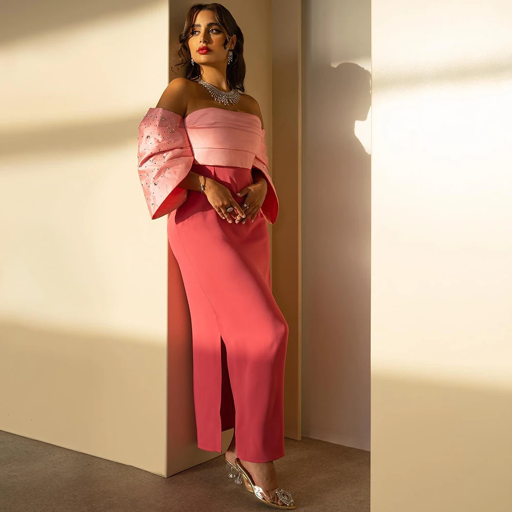 

Sharon Said Elegant Pink Off Shoulder Evening Dress Sheath Ankle Length Sequins Women Wedding Party Gowns SF022 Customized