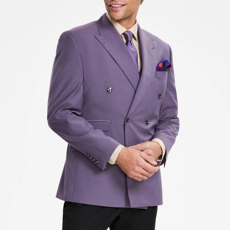 

Luxury Double Breasted peak Lapel Blazer Purple Jacket Black Pants Elegant 2 Piece Back Double Vents Custom Men's Suits 2024