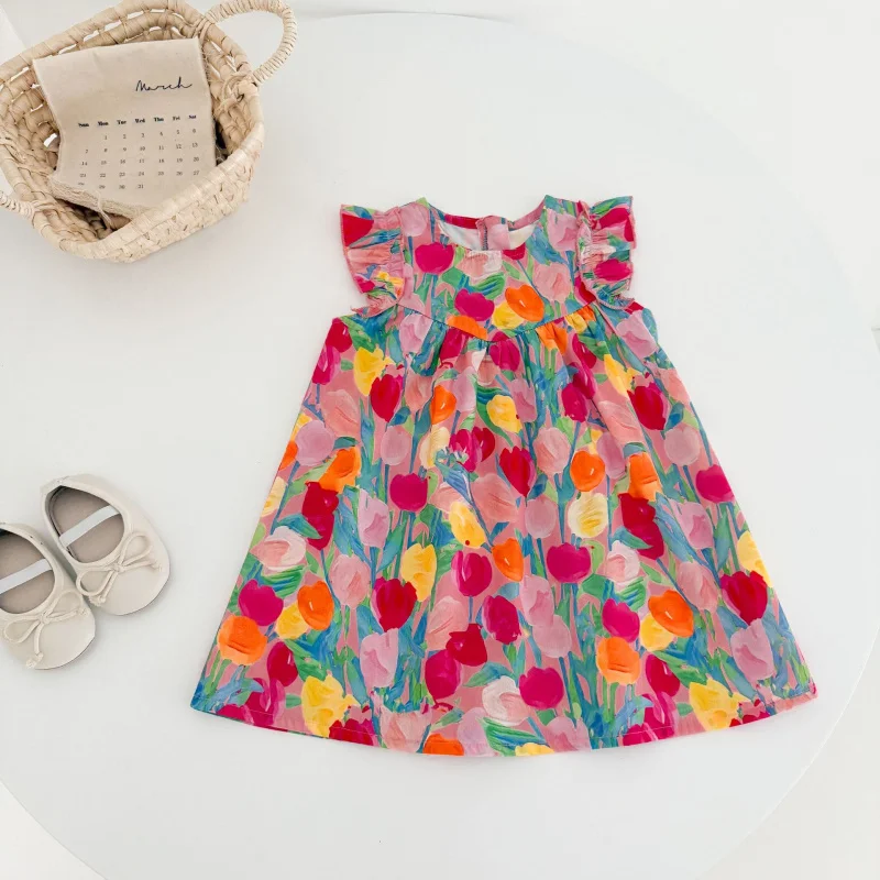 Children's dress with tulip design, sweet round-neck girl's dress, summer style with small flutter sleeves, cotton princess dres