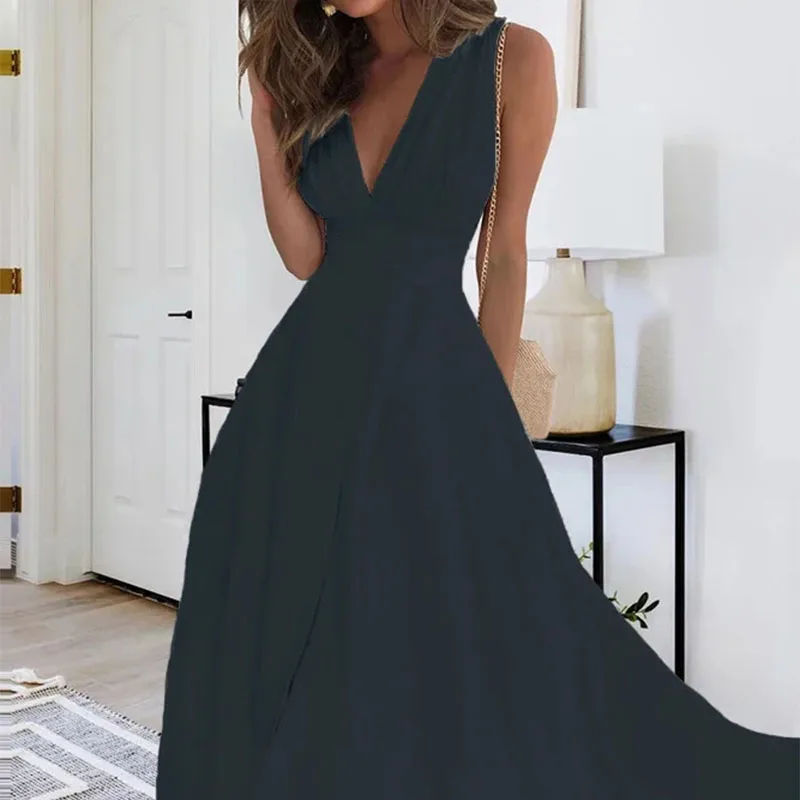 Abito lungo estivo da donna elegante Solido senza maniche Vestito estivo da vacanza Sexy scollo a V Boho Casual Abiti maxi allentati Abiti femminili