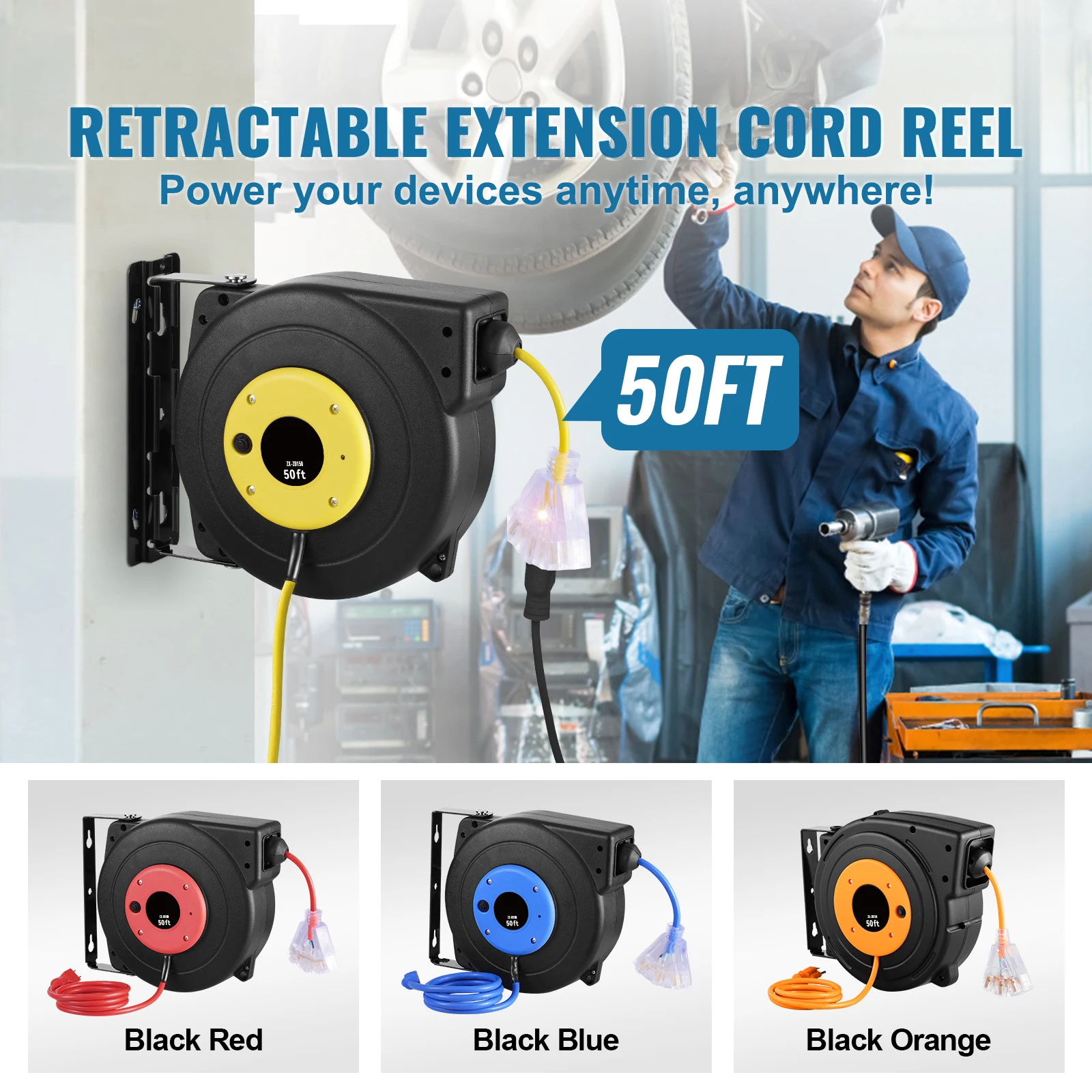 Retractable Extension Cord Reel, 50 FT, Heavy-Duty 14AWG/3C SJTOW Retractable Power Cord with Lighted Triple Tap Outlet, 13 Amp Circuit Breaker 180 °   Swivel Bracket for Ceiling or Wall Mount