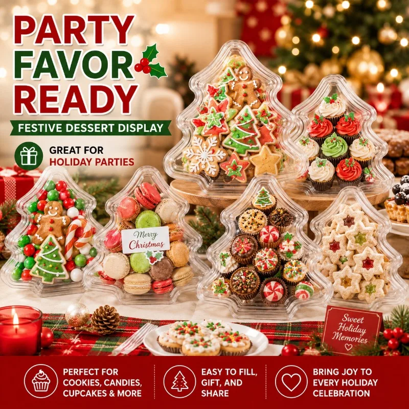 30pcs Christmas Tree Shaped Dessert Box Set, 15 Box Bodies + 15 Lids, Transparent Candy Cookie Cupcake Baking Packaging Boxes