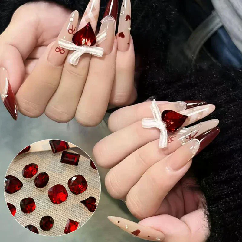 5 Pcs Multiple Shapes Red Nail Gems Pointed Bottom Rhinestones Nail Crystal Diamond Mixed Luxury Glass Rhinestones Charms Decor